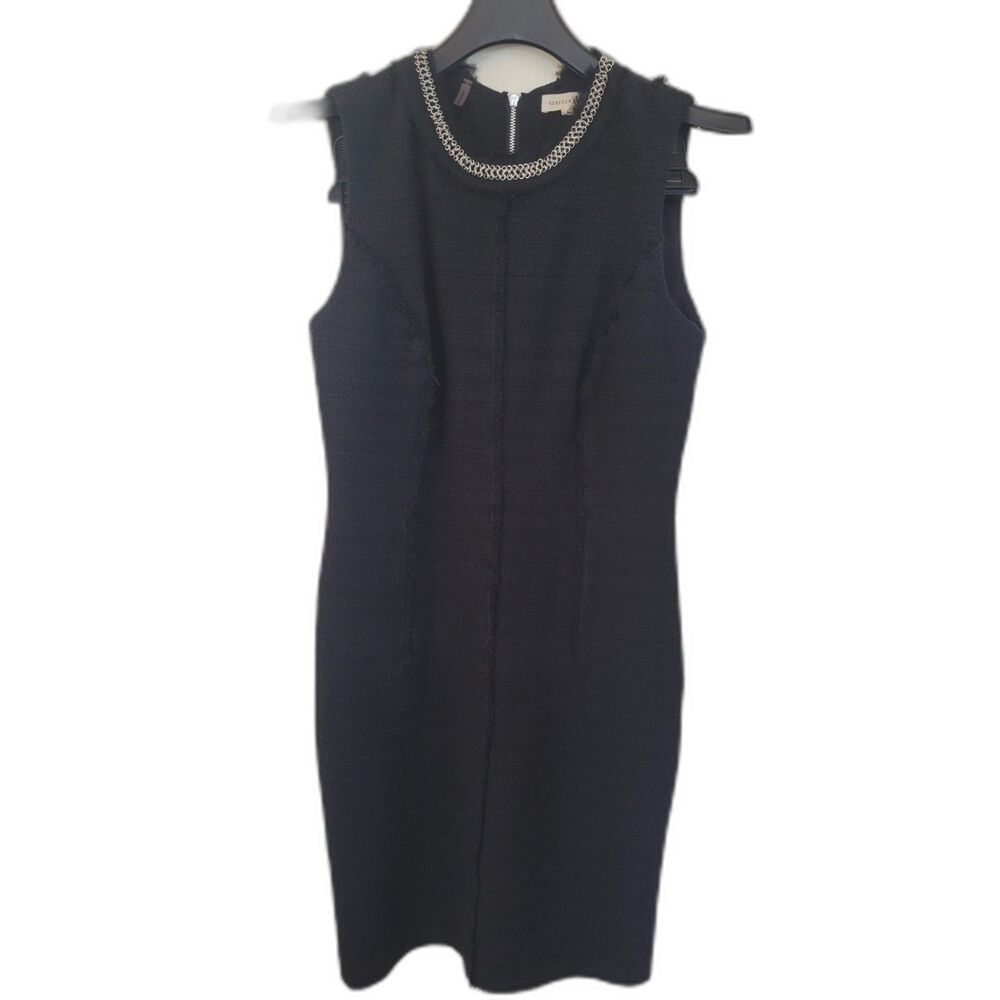 Womens Rebecca Taylor Black Tweed Knit Silk Sheath Dress